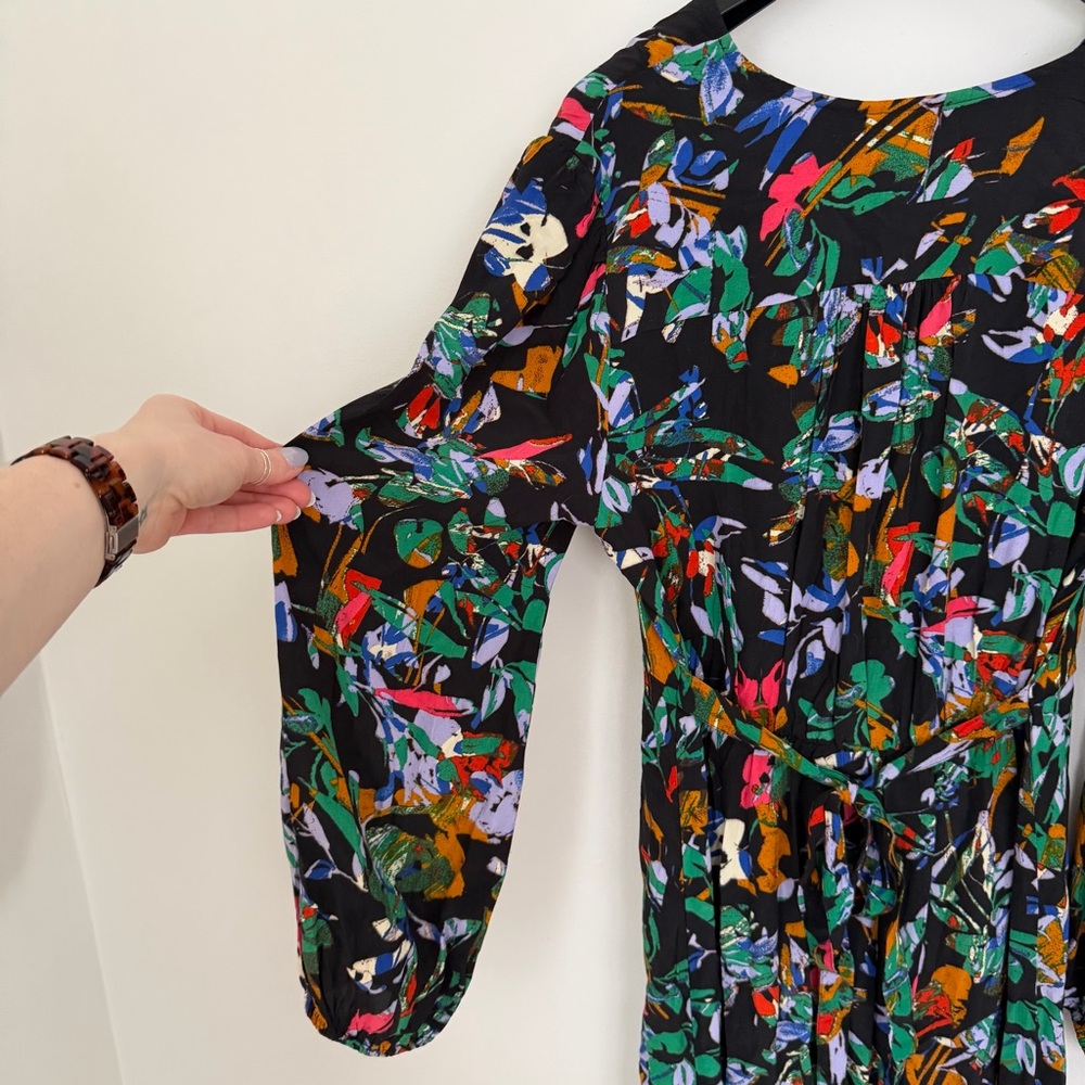 ICHI EcoVero Floral Print Short A-Line Dress Balloon Sleeve V-Neck Size 40 - Picture 8 of 11